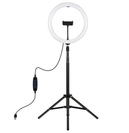 LED žiedinė lempa 30cm su trikoju stovu iki 1.65m ir telefono laikikliu, USB