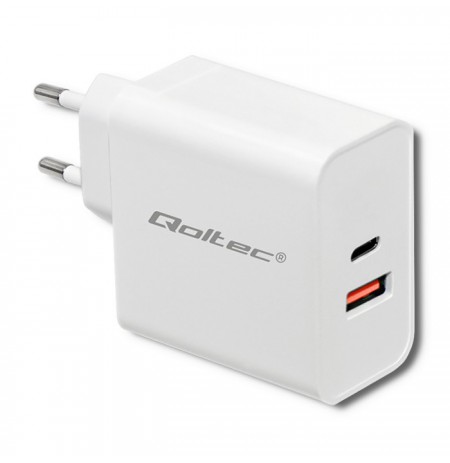Qoltec 51715 Charger| 63W | 5-20V | 1.5-3A | USB type C PD | USB QC 3.0 | White