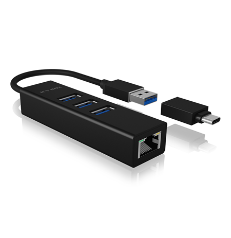 Raidsonic 4 Port Hub with USB 3.0 Type-A, Type-C, Gigabit LAN Icy Box IB-HUB1419-LAN Black