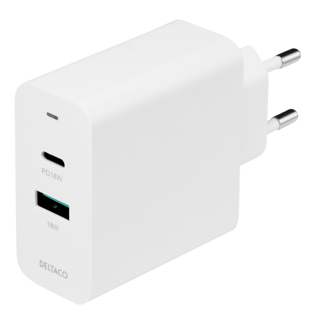USB sieninis įkroviklis DELTACO su dviem prievadais ir PD, 1x USB-A, 1x USB-C, PD, 36W, baltas / USBC-AC138