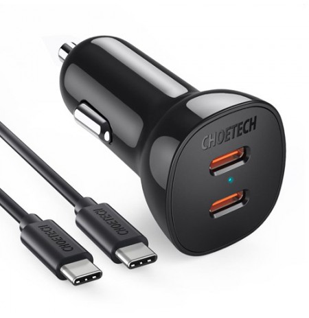 Kroviklis CHOETECH 2xUSB Type C + USB C - UAB C krovimo kabelis: 12-24V, 36W, QC3.0+ PD