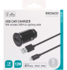 USB automobilinis įkroviklis DELTACO 1x USB-A 2,4 A, 1 m Lightning laidas, juodas / USB-CAR130