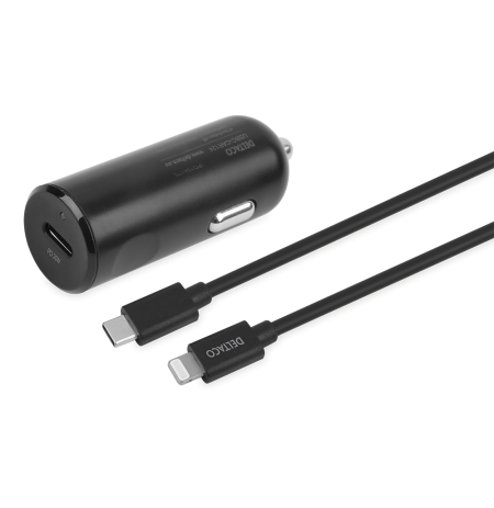 DELTACO USB automobilinis įkroviklis, 1x USB-C PD 20 W, 1 m Lightning laidas, juodas