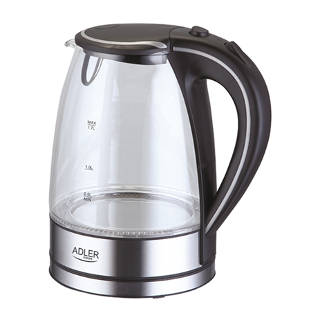 Adler Kettle AD 1225 Standard, 2000 W, 1.7 L, Glass, 360° rotational base, Stainless steel/Black