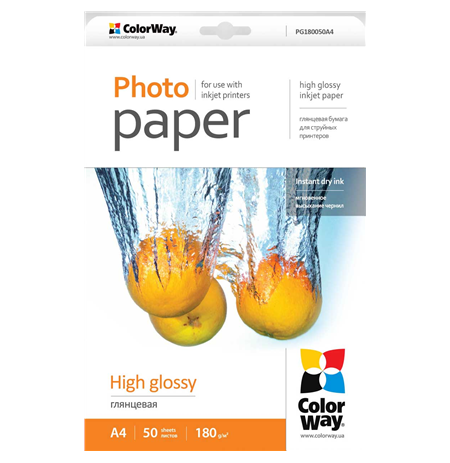 ColorWay A4, High Glossy Photo Paper, 50 Sheets, A4, 180 g/m²