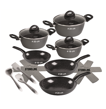 Stoneline Ceramic Cookware Set of 14 15710 3 pans 3 pots 3 lids, Black, Lid included