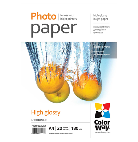 ColorWay Photo Paper 20 pcs. PG180020A4 Glossy, White, A4, 180 g/m²