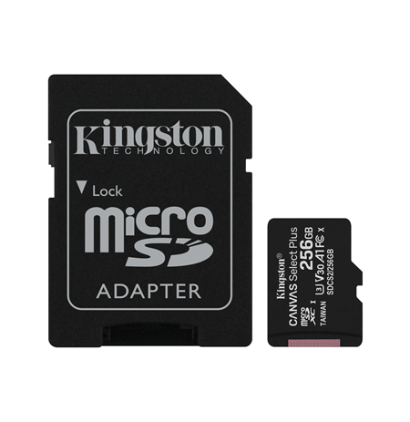 Kingston Canvas Select Plus UHS-I 256 GB, MicroSDXC, Flash memory class 10, SD Adapter