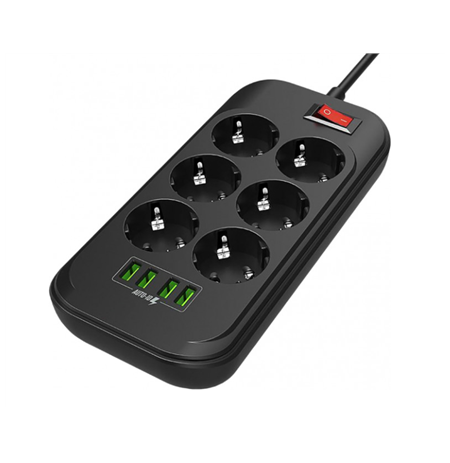 ColorWay Power Socket CW-CHE64B Black, 4xUSB, 2 m, 250 V, 6 euro sockets, 17 W