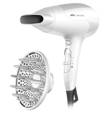 Braun Hair Dryer HD385 2000 W, Number of temperature settings 3, Ionic function, Diffuser nozzle, White