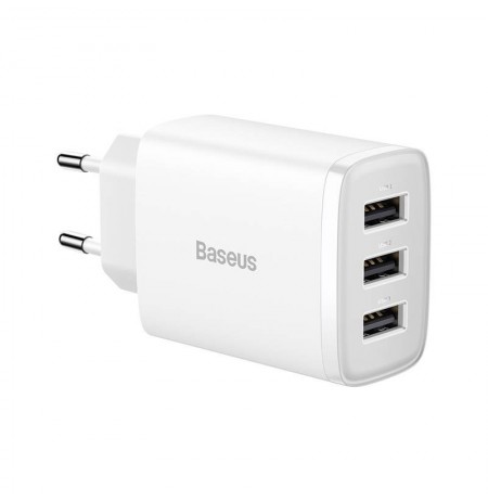 Baseus Compact Quick Charger, 3x USB, 17W (White)