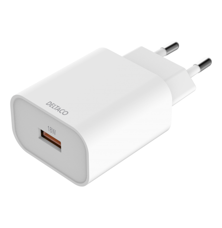 USB sieninis įkroviklis DELTACO 1x USB-A, greitas įkrovimas 18 W, baltas / USB-AC182