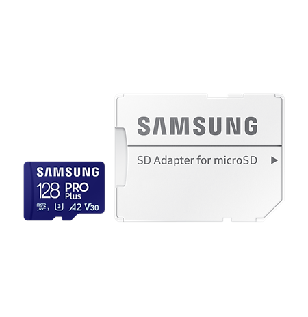 Samsung MicroSD Card with SD Adapter PRO Plus 128 GB, microSDXC Memory Card, Flash memory class U3, V30, A2, SD adapter