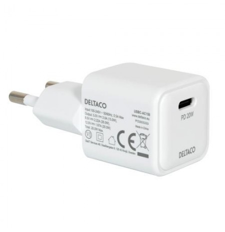 USB-C mini sieninis įkroviklis DELTACO 1x USB-C, PD 20 W, baltas / USBC-AC150