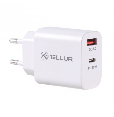 Tellur Dual Port Wall Charger PDHC PD 20W + QC3,0 18W White