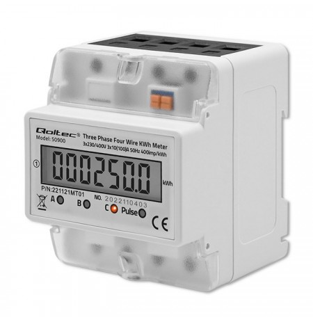 Qoltec 50900 Three phase electronic energy consumption meter | 230V | LCD | 4P | DIN rail