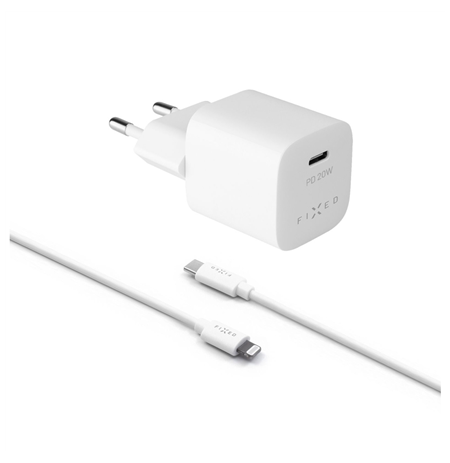 Fixed Mini USB-C Travel Charger USB-C/Lightning Cable Fast charging, White, 20 W