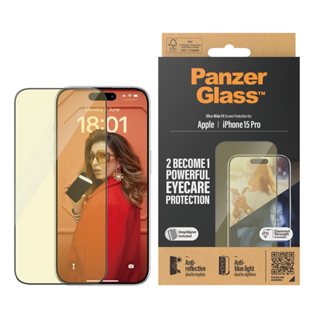 PanzerGlass Screen protector, Apple, iPhone 15 Pro, Glass, Clear, Eyecare
