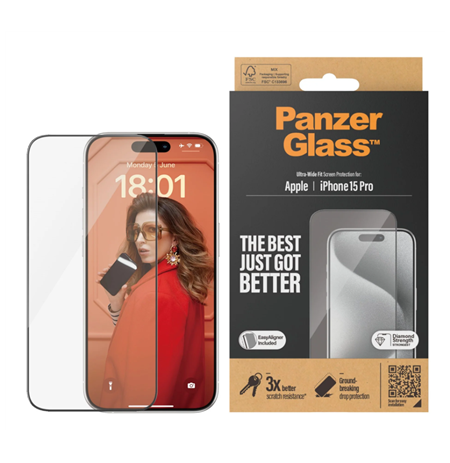 PanzerGlass Screen protector, Apple, iPhone 15 Pro, Glass, Clear, Ultra-Wide Fit