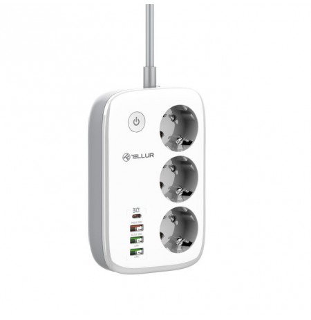 Tellur Smart WiFi Power Strip 3 Outlets, PD30W, QC18W, 2xUSB 2.4A 2500W 10A 2m