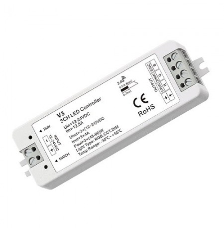 V3 nuolatinės įtampos RGB valdiklis, 12-24V, 3x 4A