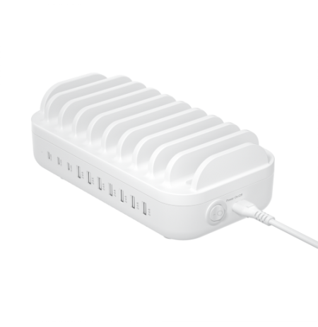 USB įkrovimo stotelė DELTACO, 10 prietaisų, 7x USB-A 2.4 A, 3x USB-C PD 20 W, balta / 1902132
