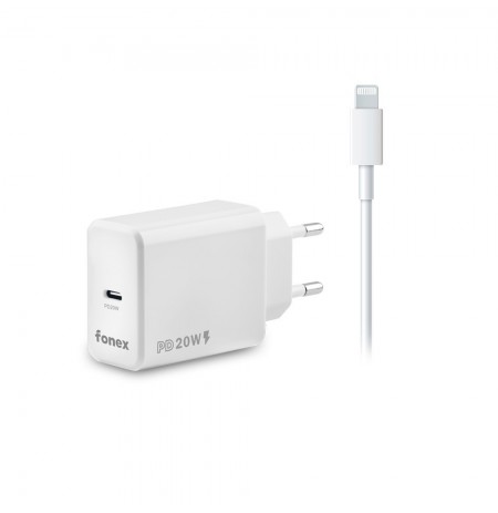 Travel Charger Type-C PD 20W+Lightning Cable 1m By Fonex White