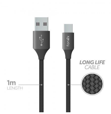 Data Cable USB to Type-C 12W Fabric 1m By Fonex Black