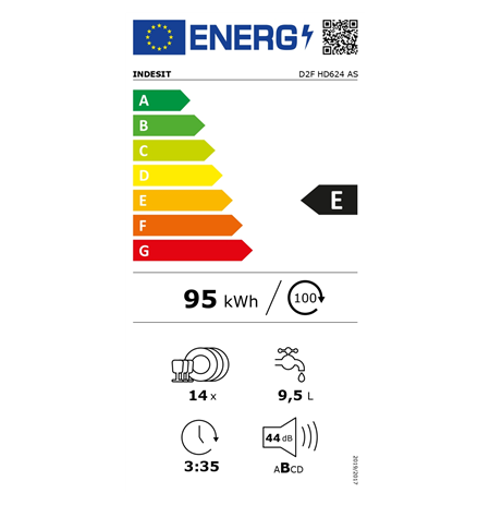 INDESIT Dishwasher D2F HD624 AS Free standing Width 60 cm Number of place settings 14 Number of programs 9 Energy efficiency cla
